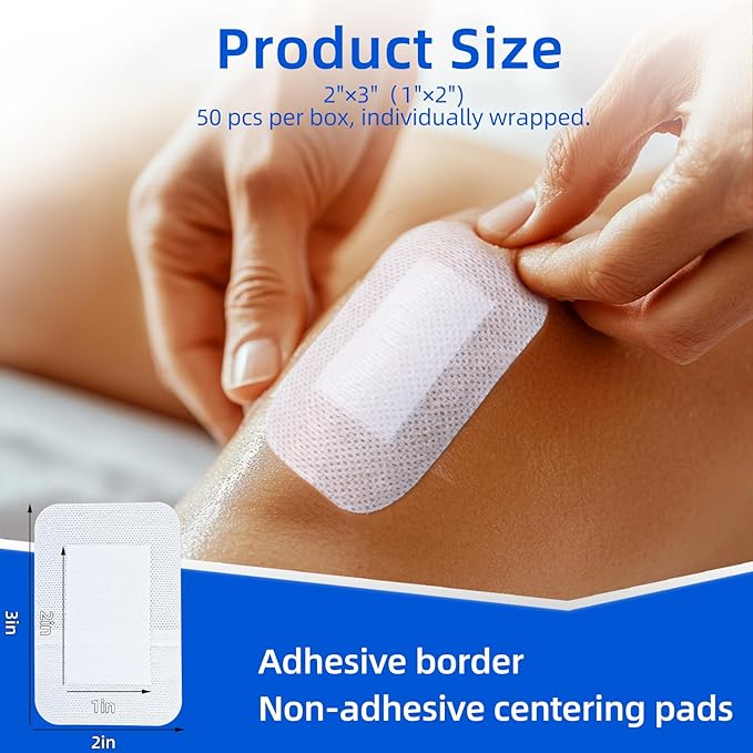 Niceful 50Pcs Adhesive Gauze Bandages 2"x3", Water-Resistant Wound Island Dressing, Sterile & Absorbent Medical Grade Dressing Pad First Aid Dressing Pads