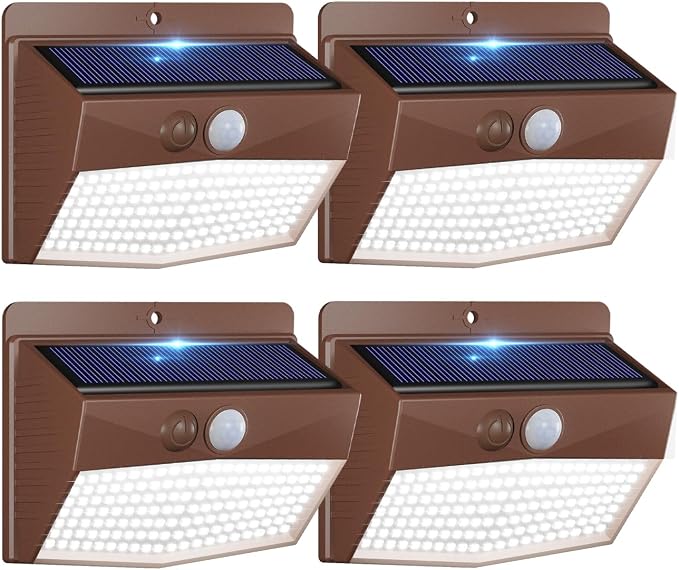 4 Pack Solar Motion Sensor Lights Outdoor Waterproof with 3 Modes | Cool White, Brown Frame, LED, Solar Powered, Security Lighting for Outside Wall Garden Fence Yard Deck Patio Garage