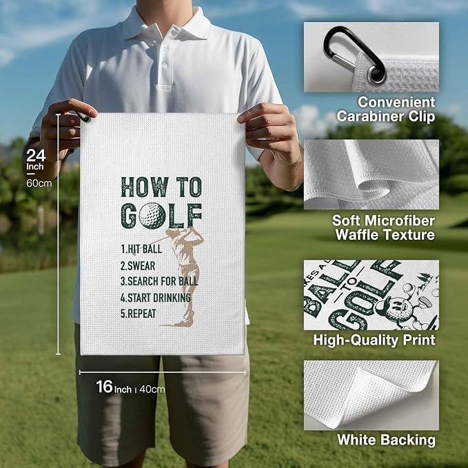 Funny Golf Towel with Clip, How to Golf Themed Golf Bag Accessories for Women, Golf Gifts for Mom Grandma Men, 16x24 Waffle Weave Microfiber, Birthday Christmas Retirement Golfer Gifts