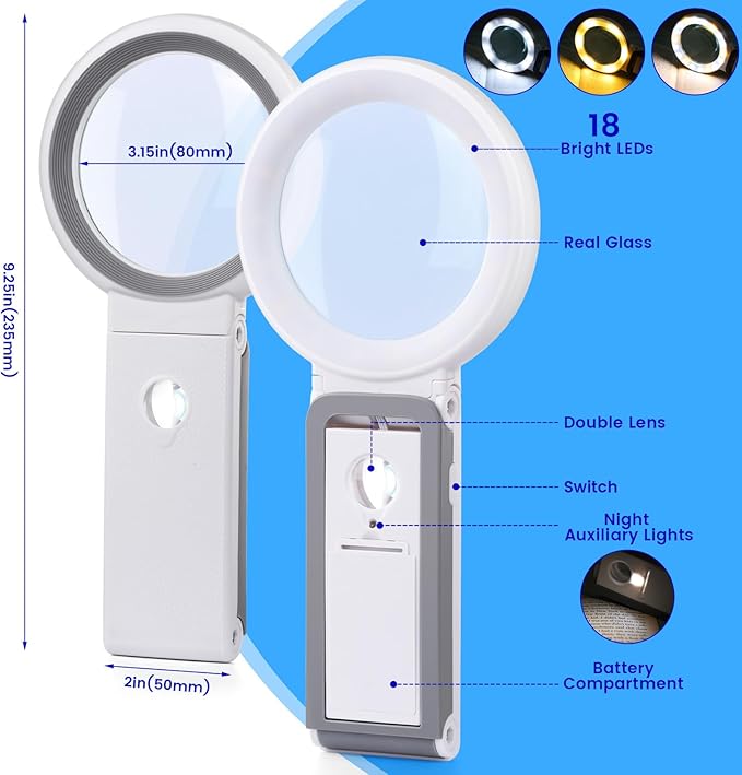Magnifying Glass with Light and Stand, Foldable Handheld Magnifying Glass 18 LED Illuminated Lighted Magnifier for Macular Degeneration, Seniors Reading, Close Work, Coins, Jewelry White