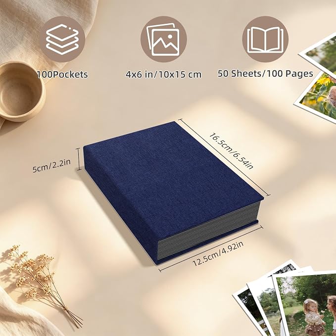 Popotop Photo Album 4x6 100 Pockets for Wedding Gifts,Linen Hardcover Picture Albums for Family Anniversary Baby Vacation Pictures