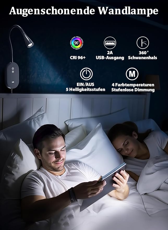 Wall Reading Light for Bed – 4 Color Modes, 5‑Level Dimmable Reading Lamp, CRI 95+ Natural Sunlight, USB Output Charge & Auto Memory Black