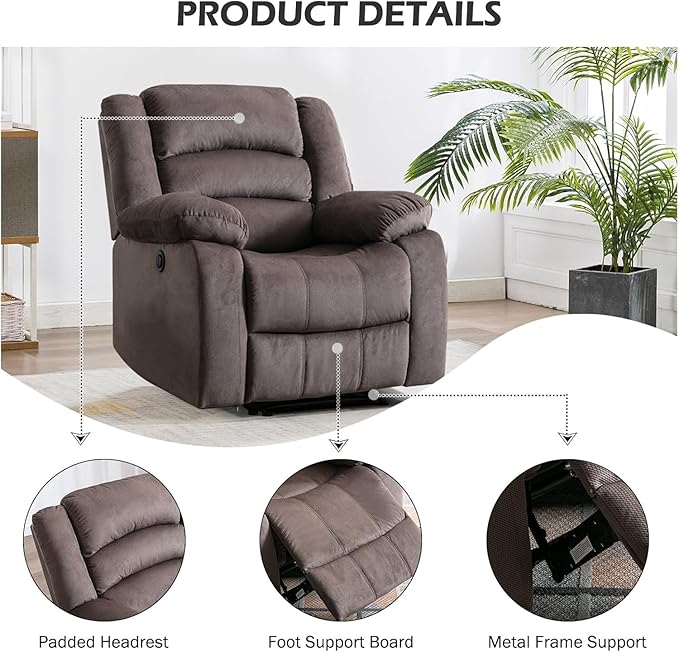 Power Recliner Chair for Adults, Oversized Electric Recliner with Soft Cushion and Back, Upholstered Soft Fabric Reclining Chair for Living Room, Bedroom, Brown