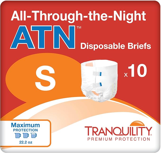 Tranquility Premium ATN Disposable Briefs with Tabs, Overnight Protection Superabsorbent Core for Leak-Free and Full-Fit Comfort, Small 10ct Bag