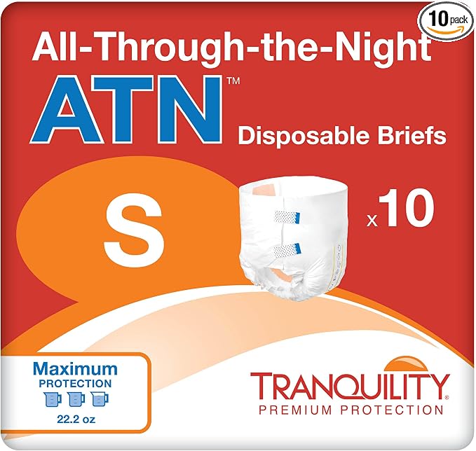 Tranquility Premium ATN Disposable Briefs with Tabs, Overnight Protection Superabsorbent Core for Leak-Free and Full-Fit Comfort, Small 100ct Case