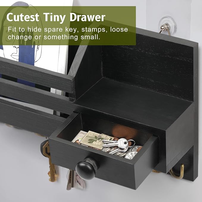 Key Holder Wall Mount, Wooden Key and Mail Organizer, Black | 2 Mount Options, Includes 8 Hooks, Fence Mail Slot, Small Drawer and Shelf, for Entryway, Hallway, Doorway, Living Room, RV
