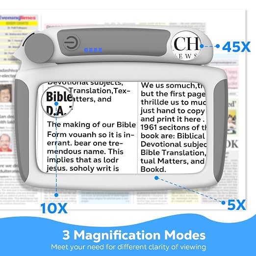 MoKo Magnifying Glass with Light, 5X/20X/45X Full-Page Magnifier | Rechargeable magnifying glass for reading has 20 LEDs, 3 light levels and a foldable handle; grey finish.