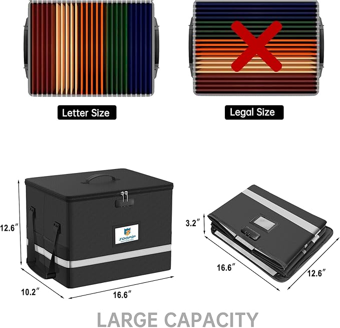 Fireproof File Box with Lock, 5200℉ Document Organizer, Black | Suitable for Letter Size Hanging Folders, Reflective Strip for Fast Find,Foldable Home Office Protection,16.6"x12.6"x10.2"
