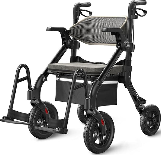 VOCIC Walkers for Seniors, Z55 2 in 1 Walker Wheelchair Combo, No-Bend Footrest, Rollator with 10" All Terrain Big Wheels, Transport Wheelchair Foldable, Rollator with Seat & Brakes, Storage Bag