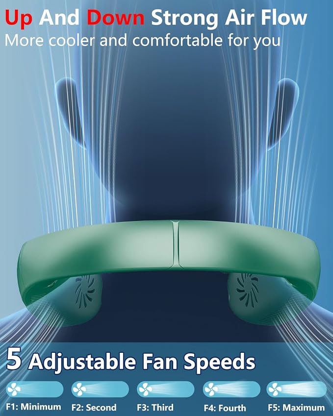 Misting Neck Fan that Blows Cold Air, USB-C Recargable 4-9H Long Life, 360° Airflow Lightweight without Blades, Mini Personal LED Cooling Device for Kid Adults Outdoor Travelling Office Home, Green
