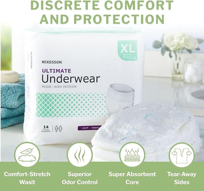 McKesson Ultimate Adult Incontinence Underwear, [14 Count], XL, 58-68 in. Maximum Absorbency, Unisex Bladder Leak Protection, Pull-On Style with Tear-Away Sides, for Postpartum and Incontinence