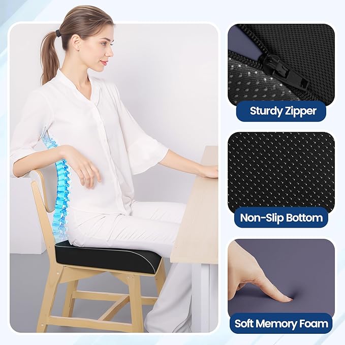 SweetSlubr Seat Cushion for Tailbone Pain Relief, Office Chair Cushion, Memory Foam Large Chair Pad with Non-Slip Cover for Soft Support at Office Chair, Car Seat, Airplane Black/XLarge