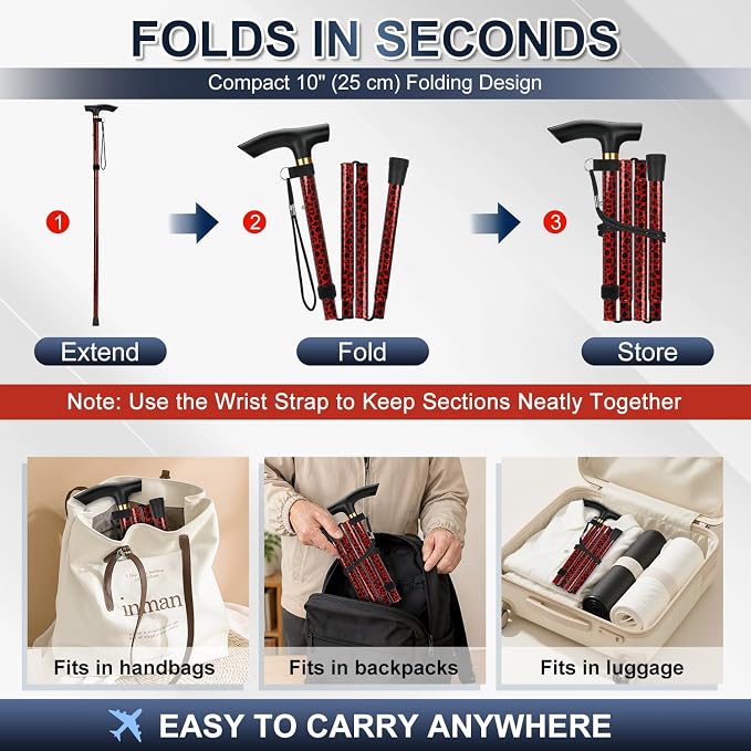 supregear Folding Cane, 5-Level Adjustable Height Walking Stick Lightweight Collapsible Portable Travel Cane with Wrist Strap and T Handle for Elderly Disabled Men Women