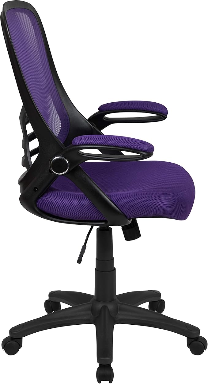 Flash Furniture Porter High-Back Swivel Office Chair with Adjustable Lumbar Support and Seat Height, Ergonomic Mesh Desk Chair with Flip-Up Armrests, Purple/Black