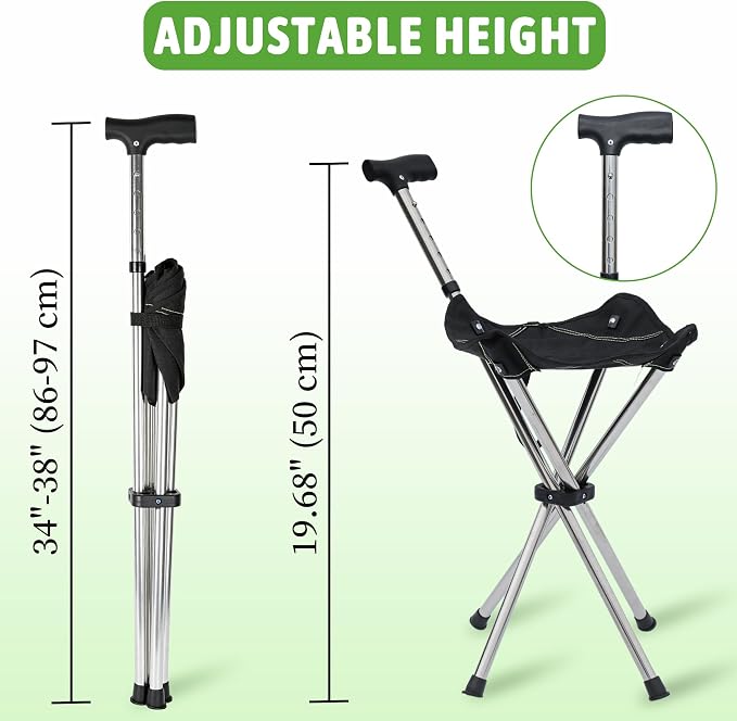 FATTCHIAR Cane with Seat with Light, Cane Chair Adjustable Height Folding Lightweight Walking Stick with Seats, Portable Stool for Adults Seniors