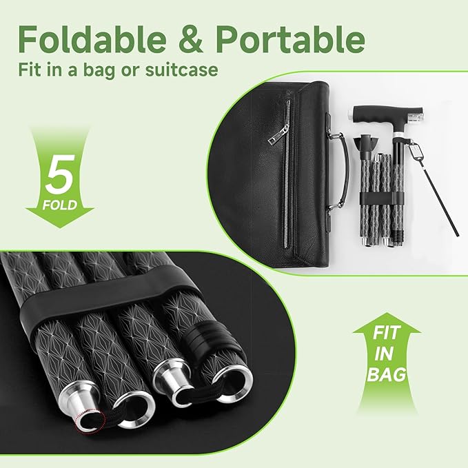 Aluminum Alloy Walking Cane, with LED Light, Height Adjustment and Foldable, Ergonomic Contoured Grip, All-Terrain Walking Stick for Men/Women(PP802-5-Y,)