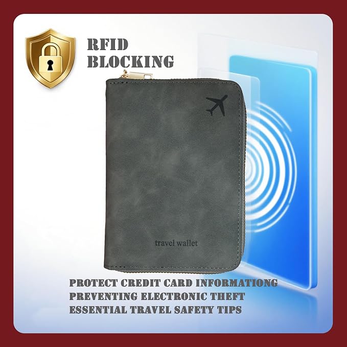 Passport Holder with Tether and Clip to Prevent Loss and Theft, Rfid Passport Holder for Travel, Passport Cover Wallet, Passport Case for Men and Women (Gray - Tether and Clip)