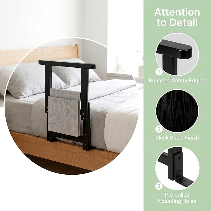 Bamboo Bed Assist Rail for Seniors Adjustable Grab Bar 300lbs Black | Non-Slip Handle, Storage Pocket, Fits 4–12 inch Mattresses, Fits Twin, Full, Queen & King Beds