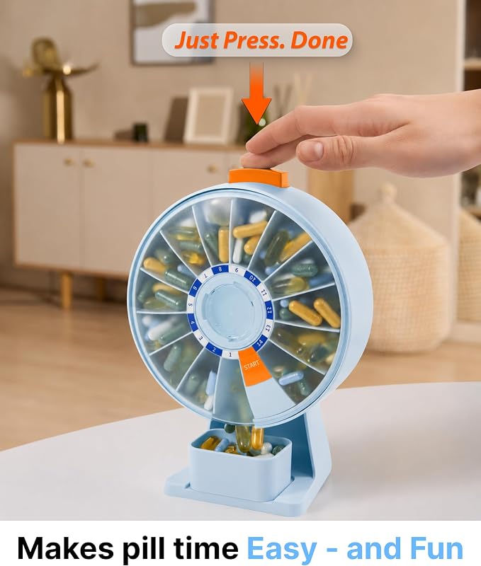 Pill Dispenser 14 Day – Rotating Medicine Organizer Wheel with Push Button, Wall Mounted or Desktop Manual Pill Dispenser for Elderly & Seniors, Large Capacity Vitamin & Medication Organizer