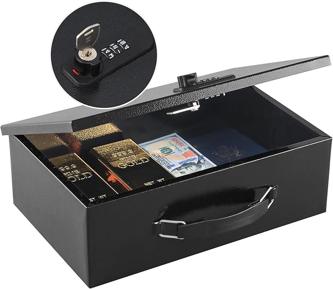 KYODOLED Fireproof Lock Box for Documents, Dual Combination and Key Lock Security with Carrying Handle, Metal Strong Safe Box to Keep Personal Items,Documents, Exterior 12.6" x 8.3" x 3.58", Black