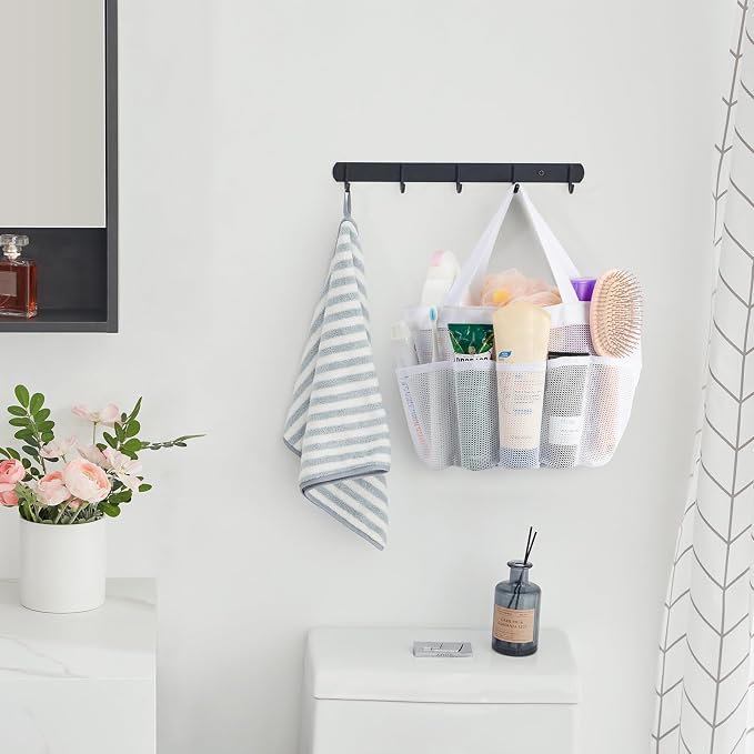 Lifewit Mesh Shower Caddy Portable for College Dorm Room Essentials with 7 Pockets, Freestanding Hanging Organizer Basket, Quick Dry Tote Bag for Camping, Bathroom, Beach, Travel, 1 Pack, White