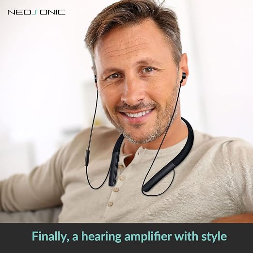 [Upgraded] Rechargeable Hearing Aid Amplifier for Conversation and Watching TV, Wireless Neckband Headphones for Seniors & Elderly People with External Remote Microphone Noise Cancelling - Neosonic NW20