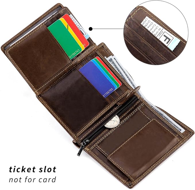 Trifold Billfold RFID Blocking Cowhide Leather Wallet for Men 10 Card Slots 2 ID Windows with Coin Pocket