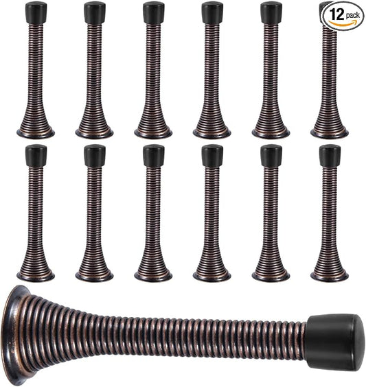 KISEER 12 Pack Spring Door Stops 3 1/4 Inch Flexible Heavy Duty Spring Door Stopper with RustProof Screw Rubber Bumper Tips (Antique Brass)