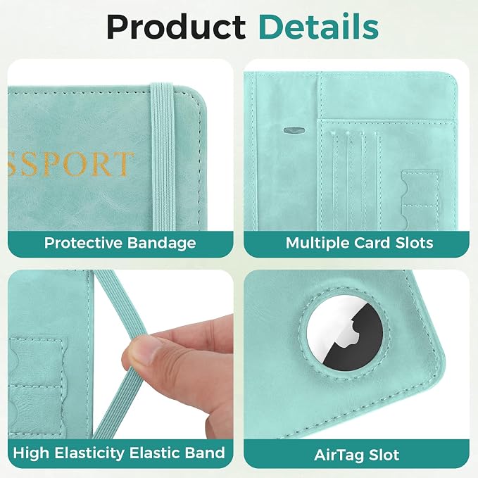 Passport Holder Travel Women Men, Passport Wallet with Airtag Slot, Blue | RFID Blocking PU Leather Passport Holder Cover Case with Card Holder, Pen Slot