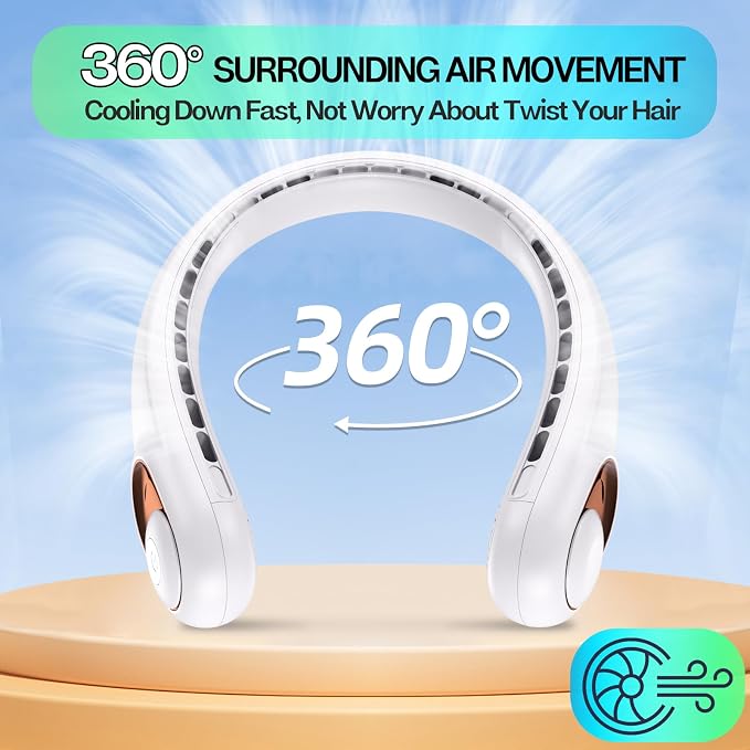 KIDEE Portable Neck Fan, 4000mAh Rechargeable, 360° Airflow, Hands Free Bladeless Wearable Fan, 2 Pack, White