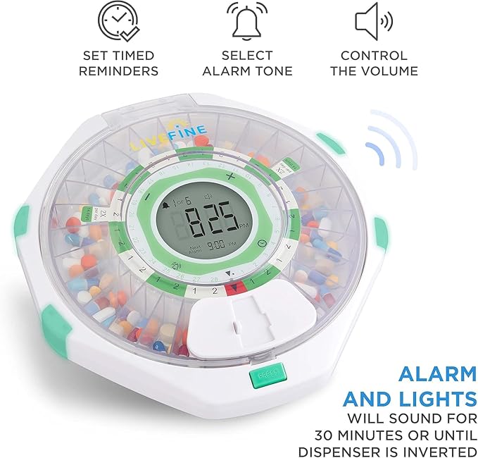 LiveFine 28-Day Automatic Pill Dispenser, 9 Dosage Rings, Clear Lid | Portable, battery-powered with a lockable key cover - built for seniors, arthritis sufferers, and caregivers.