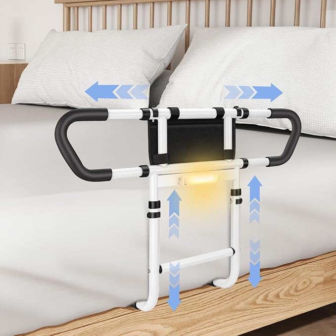 Bed Rails for Elderly Adults, Bed Handrails Grab Bar with Pouch | Fits Twin/Full/Queen/King. Heavy-duty steel, 400-lbs. Non-slip grip. Tool-free install either side. Ideal for seniors