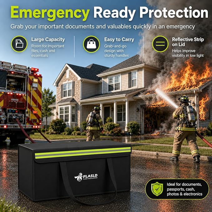 FLASLD Large Fireproof Document Bags, 24x12x12” Waterproof Storage Firesafe Bag, Fireproof Folder Safe Box for Cash, Valuables & Passport, Silicone Coating & Zipper Closure