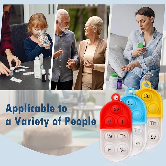 3 Pack Pill Reminder Medication Pill Tracker Bottle with Ties Reusable Daily Medication Tracker Portable with Button 7 Day Memory Aid Medication Dose Silicon for The Elderly Red Yellow Blue(3)