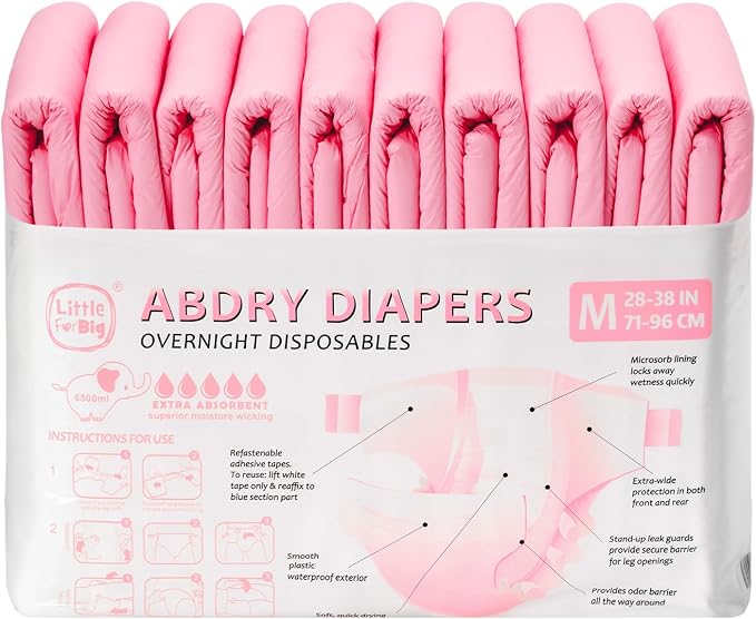 Littleforbig Adjustable Tapes Adult Diaper 10 Pieces - ABDry Ultra Absorbent Diapers 6500 mL Pink (Medium 28"-38")