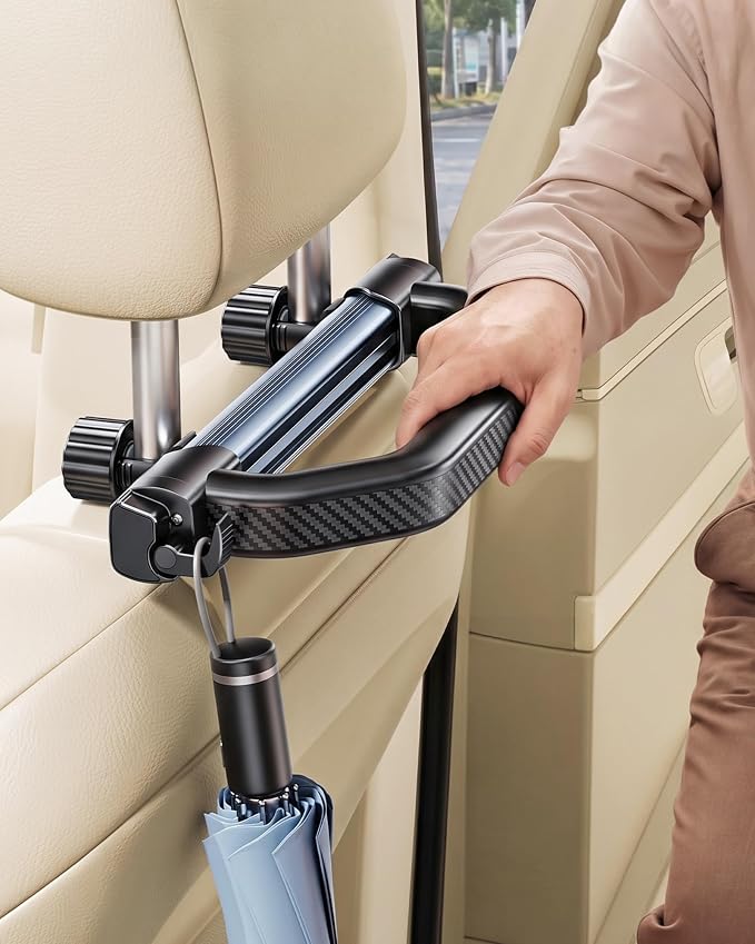 Car Assist Handle for Elderly Pregnant Women Kids - Headrest Mount | Ergonomic Grap Handle, Quality ABS, 2 Storage Hooks, Stable Bolt-Lock System, Broad Compatibility, Easy Installation