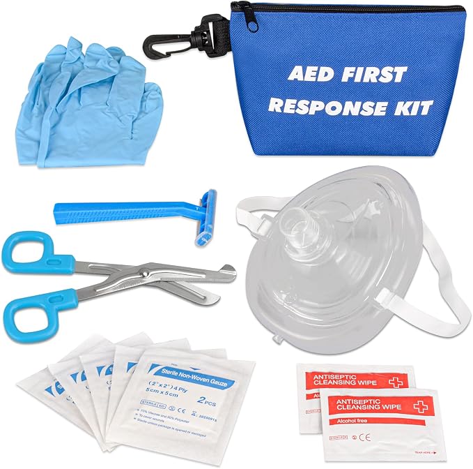 AED First Responder Kit with CPR Rescue Mask, Disposable Razor, EMT Trauma Shears, Gloves, Gauze Pads, Antiseptic Wipes for AED Training, CPR AED First Aid Accessory Kit with Blue Nylon Bag
