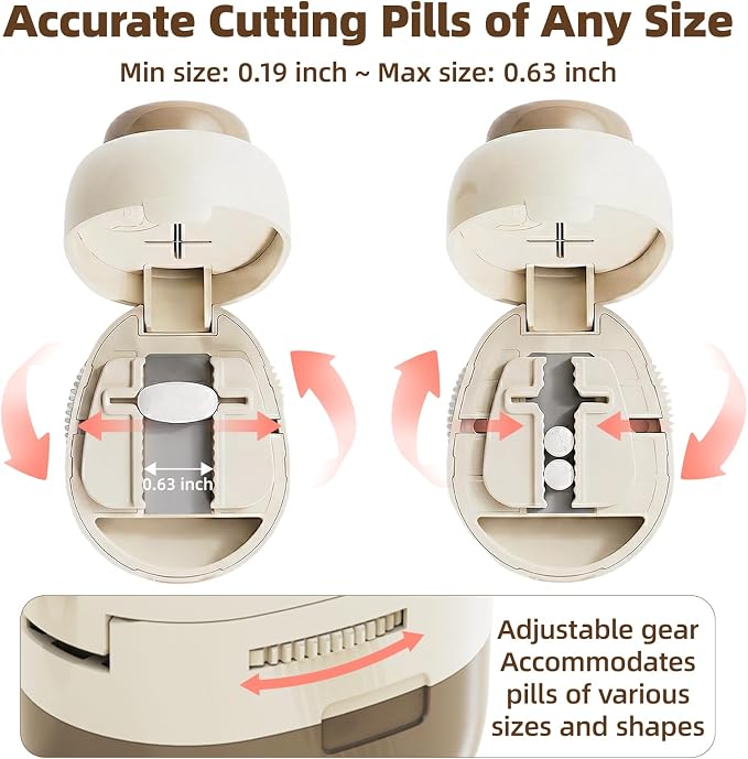 Pill Cutter Splitter with Storage Box, Adjustable Vertical Press Pill Splitter for Small/Tiny Pills Vitamins Tablets, 1/2 & 1/4 Precise Cutting, Hidden Sharp Blade, Multi-Pill Cutting Design