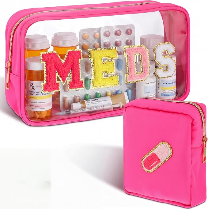 Hillban 2 Pcs Medicine Bag Chenille Letter Patch Meds Bags Travel Cases Preppy Clear Nylon Portable Makeup Bags Zipper Cosmetic Toiletry Storage for Women PVC Transparent Mini First Aid Bag(Lovely)