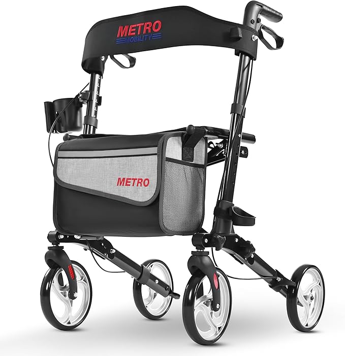Metro Mobility Rollator Walker with Seat for Seniors, Foldable Lightweight Rolling Walker, 8" Big Wheels for All Terrain, 300 lb. Weight Capacity, Black