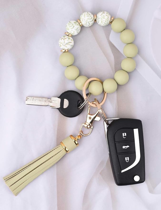 BAOSIWA Silicone Beaded Bracelet Keychain Wristlet Key Ring Bangle Chains for Women with Leather Tassel