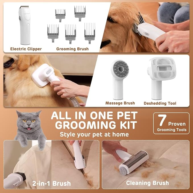 HEAPETS Dog Grooming Vacuum Kit - 3L Vacuum with 7 Tools, Low Noise Electric Clipper and Brush for Pet Shedding at Home, Pink