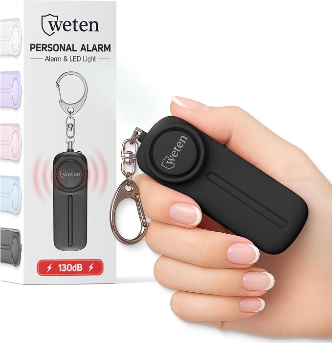 Personal Alarm Keychain for Women Self Defense - Loud Safety Whistle Alert Device with LED Light – 130 dB Emergency Security Handheld Siren Key Chain by WETEN, Black | 130dB Siren, LED Light, Panic Pin, Self-Defense Device, Emergency Whistle Alternative
