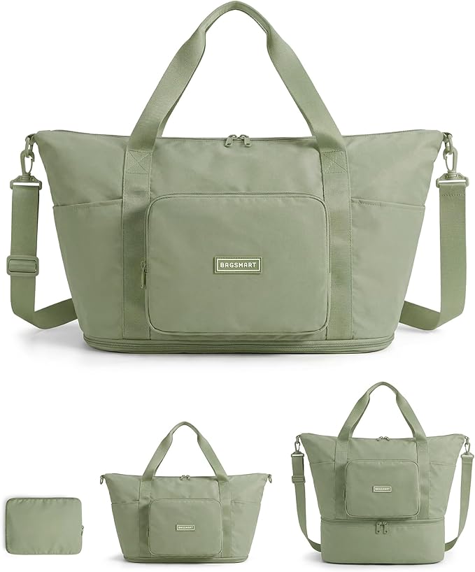 BAGSMART Foldable Travel Bag, 37L Expandable Personal Item Bag, Lightweight Weekender Bags for Women, Water Resistant Extra Carry on for Travel, Grayish Green
