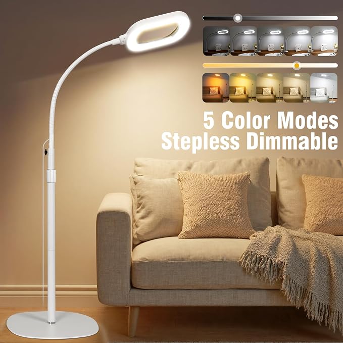 Large Magnifying Glass with Light and Stand, 15X Rectangle Optical Real Glass Lens, Height Adjustable Gooseneck Magnifier Floor Lamp, 5 Color Modes LED Dimmable Lighted Hands Free for Crafts - White