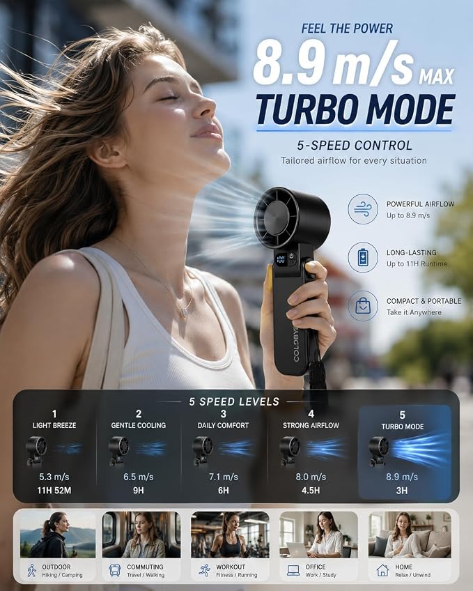 Portable Handheld Fan with Cooling Plate, 199-Speed Stepless Control, 3-in-1 Foldable Fan for Handheld/Desktop/Neck, Powerful Airflow Personal Fan for Travel, Makeup, Outdoor, Summer Essentials（black）