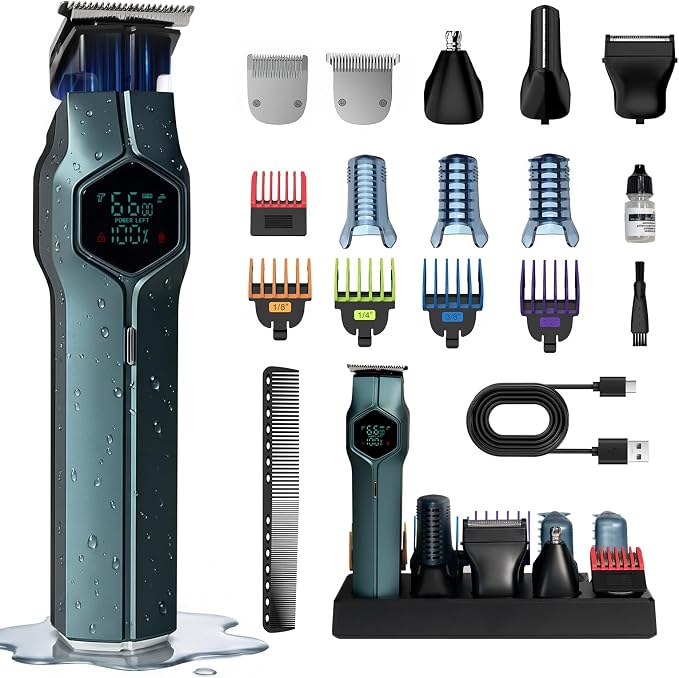 Beard Trimmer for Men, Magnetic Snap-on Replacement Heads & Charging Dock, IPX7 Waterproof Cordless Hair Clippers, Mens Grooming Kits for Mustache/Body/Face/Ear/Nose, Navy Blue
