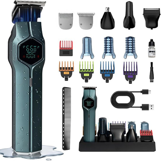 Beard Trimmer for Men, Magnetic Snap-on Replacement Heads & Charging Dock, IPX7 Waterproof Cordless Hair Clippers, Mens Grooming Kits for Mustache/Body/Face/Ear/Nose, Navy Blue