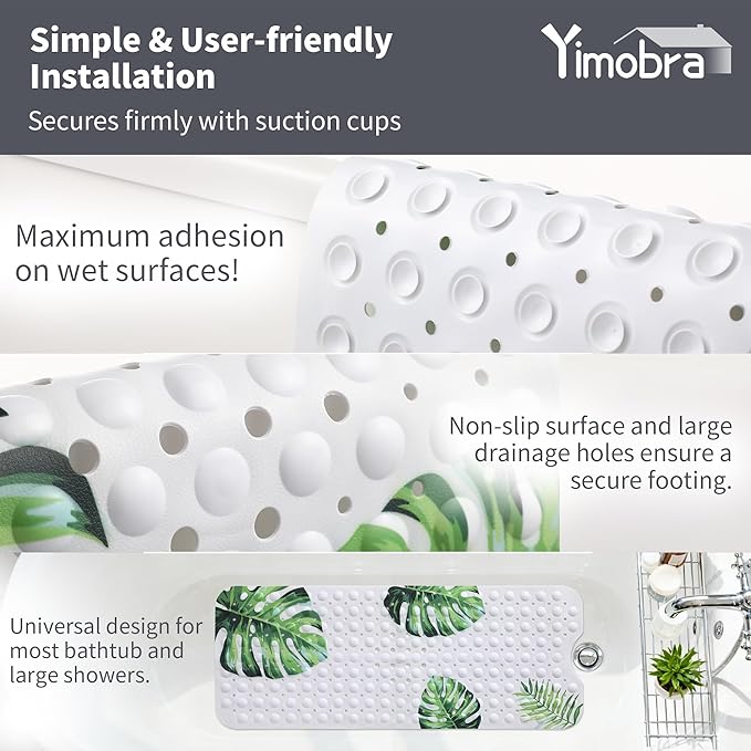 Yimobra Non Slip Bathtub Mat 40 x 16 Inch, Extra Long Shower Mat with Drain Holes, Machine Washable Baby Bath Mats, Strong Suction Cups for Bathroom Floor, Monstera