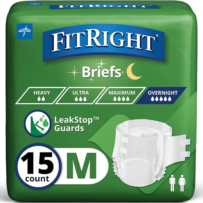 FitRight Adult Incontinence Briefs with Tabs, Extended Wear, Medium, 27" to 43", 15 Count